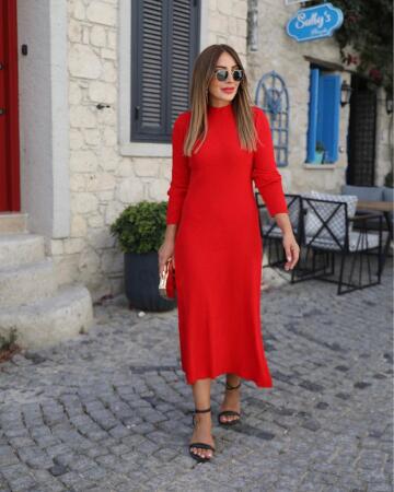 Kadın Uzun Kollu Yarı Balıkçı Yaka Arkadan Pencere Detaylı Bağcıklı Midi Triko Elbise - ANGELINO BuyukBedeniz (1)