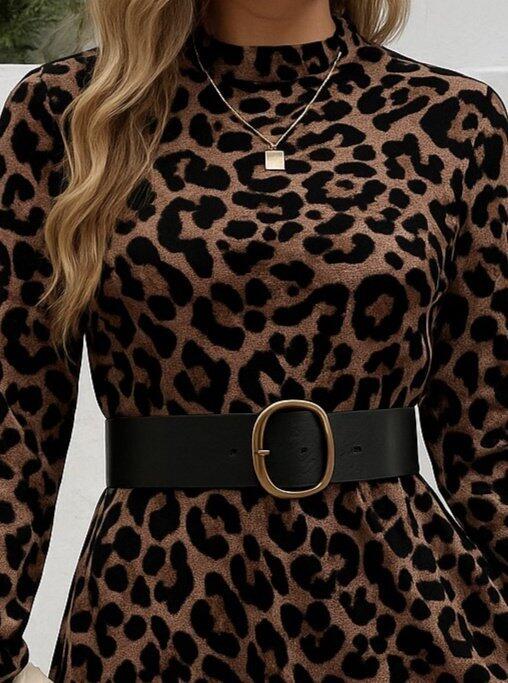 Kadın Uzun Kollu Yarı Balıkçı Yaka Leopar Desenli Kadife Elbise - 2