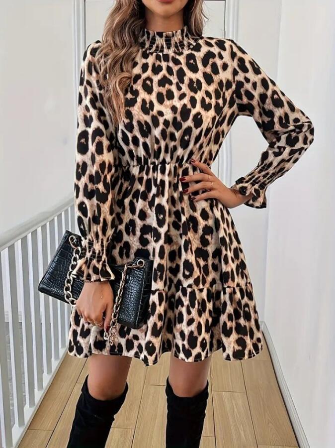 Kadın Uzun Kollu Yarı Balıkçı Yaka Leopar Desenli Modal Mini Elbise - 3