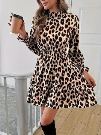 Kadın Uzun Kollu Yarı Balıkçı Yaka Leopar Desenli Modal Mini Elbise - 1