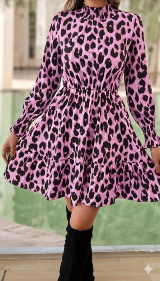 Kadın Uzun Kollu Yarı Balıkçı Yaka Leopar Desenli Modal Mini Elbise - 1