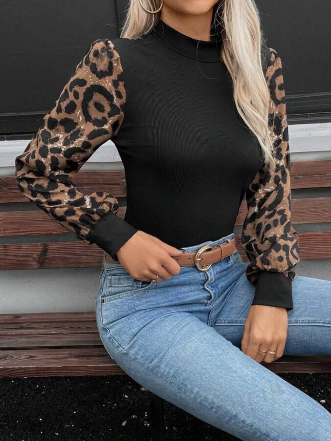 Kadın Uzun Kollu Yarı Balıkçı Yaka Leopar Detaylı Kaşkorse Bluz - 2