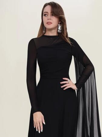 Kadın Uzun Kollu Yarı Balıkçı Yaka Tül Detaylı Uzun Sandy Elbise - 3