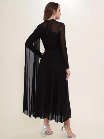 Kadın Uzun Kollu Yarı Balıkçı Yaka Tül Detaylı Uzun Sandy Elbise - 4