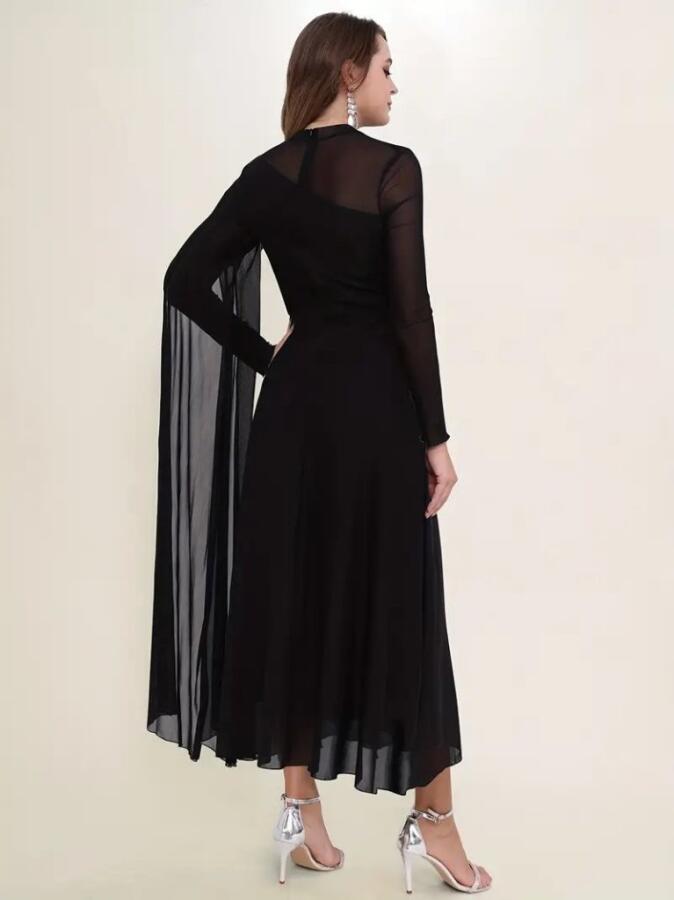 Kadın Uzun Kollu Yarı Balıkçı Yaka Tül Detaylı Uzun Sandy Elbise - 4