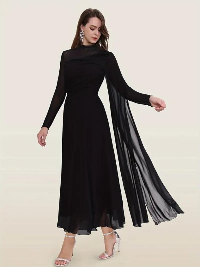 Kadın Uzun Kollu Yarı Balıkçı Yaka Tül Detaylı Uzun Sandy Elbise - 5