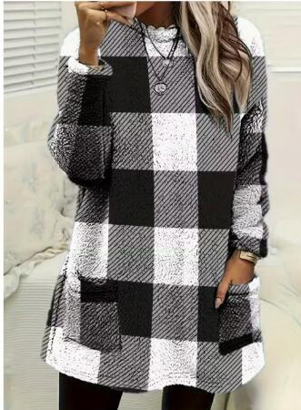 Kadın Uzun Kollu Yarı Balıkçı Yakalı Cep Detaylı Ekoseli Dokuma Tunik - ANGELINO BuyukBedeniz