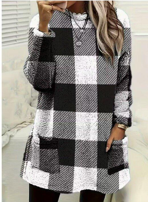 Kadın Uzun Kollu Yarı Balıkçı Yakalı Cep Detaylı Ekoseli Dokuma Tunik - 1