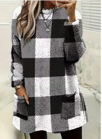 Kadın Uzun Kollu Yarı Balıkçı Yakalı Cep Detaylı Ekoseli Dokuma Tunik - 3