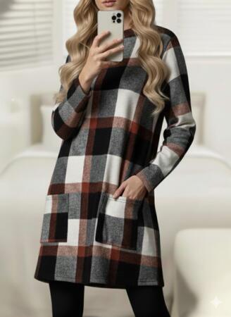 Kadın Uzun Kollu Yarı Balıkçı Yakalı Cep Detaylı Ekoseli Dokuma Tunik - ANGELINO BuyukBedeniz (1)