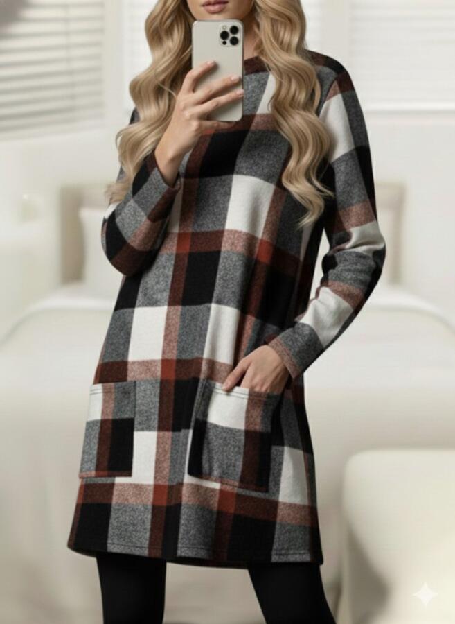 Kadın Uzun Kollu Yarı Balıkçı Yakalı Cep Detaylı Ekoseli Dokuma Tunik - 2