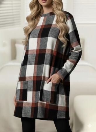 Kadın Uzun Kollu Yarı Balıkçı Yakalı Cep Detaylı Ekoseli Dokuma Tunik - 3