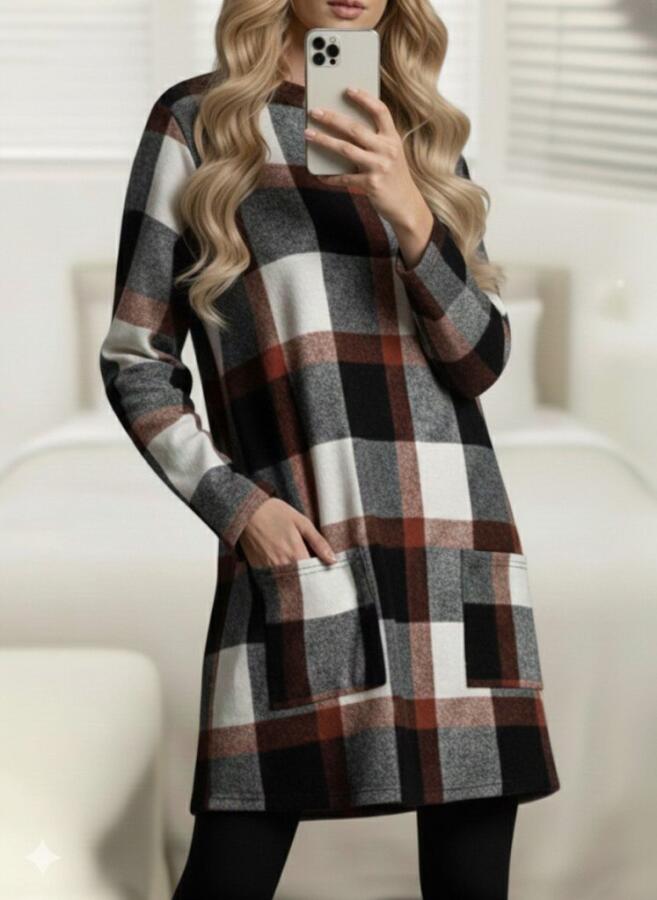 Kadın Uzun Kollu Yarı Balıkçı Yakalı Cep Detaylı Ekoseli Dokuma Tunik - 4