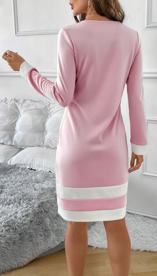 Kadın Uzun Kollu Yuvarlak Yaka Etek Ucu şerit Detaylı Mini Dalgıç Elbise - 3