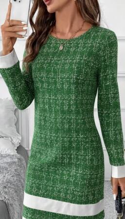 Kadın Uzun Kollu Yuvarlak Yaka Etek Ucu şerit Detaylı Mini Dokuma Elbise - ANGELINO BuyukBedeniz (1)