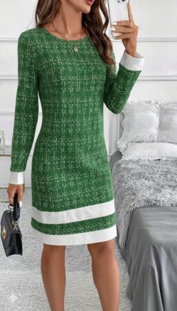 Kadın Uzun Kollu Yuvarlak Yaka Etek Ucu şerit Detaylı Mini Dokuma Elbise - 4