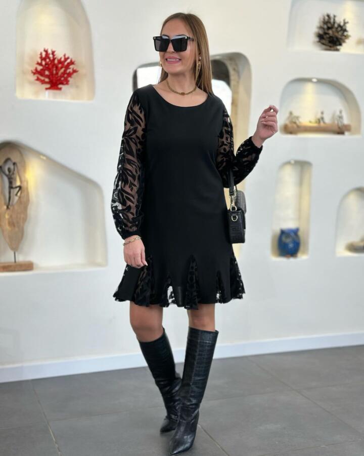 Kadın Uzun Kollu Yuvarlak Yaka Kol Ve Etek Ucu Dantelli Kısa Ithal Krep Elbise - 2