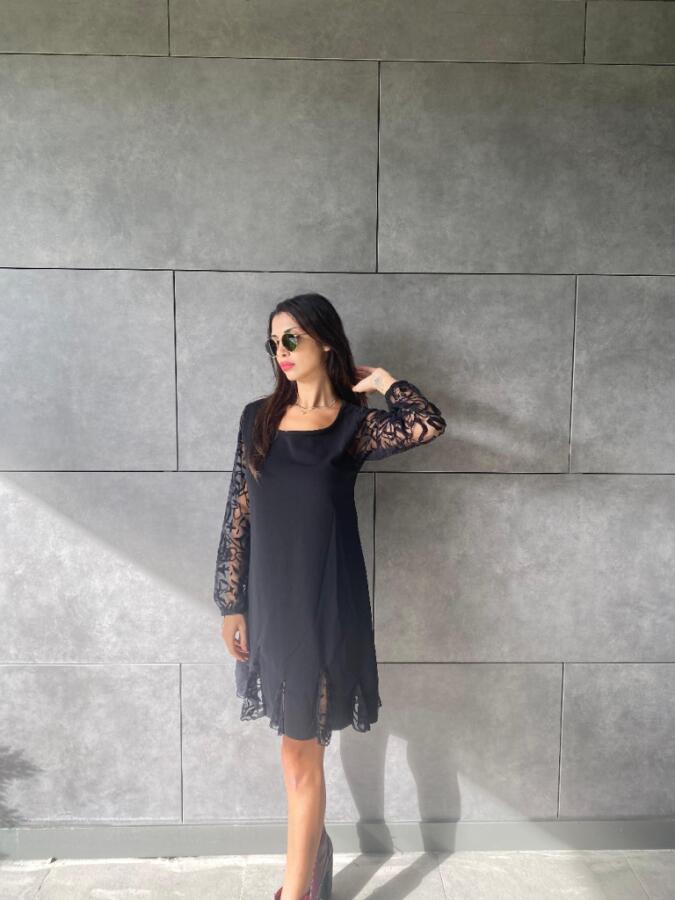 Kadın Uzun Kollu Yuvarlak Yaka Kol Ve Etek Ucu Dantelli Kısa Ithal Krep Elbise - 5