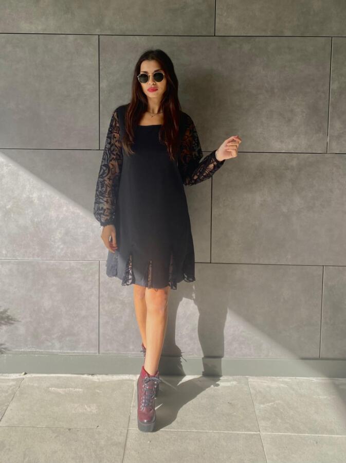 Kadın Uzun Kollu Yuvarlak Yaka Kol Ve Etek Ucu Dantelli Kısa Ithal Krep Elbise - 6