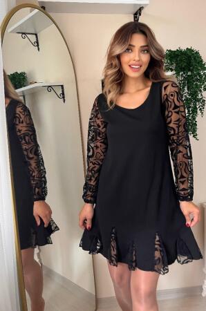 Kadın Uzun Kollu Yuvarlak Yaka Kol Ve Etek Ucu Dantelli Kısa Ithal Krep Elbise - 8