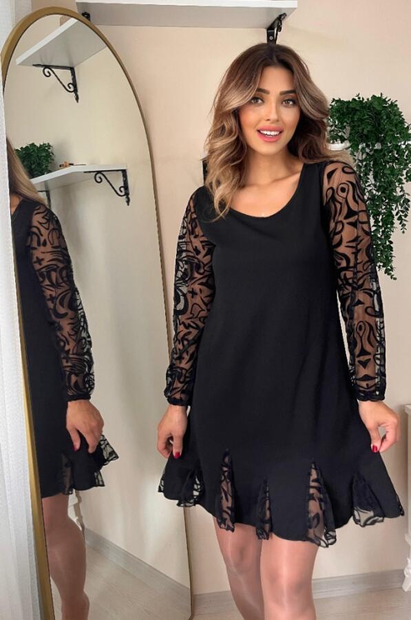 Kadın Uzun Kollu Yuvarlak Yaka Kol Ve Etek Ucu Dantelli Kısa Ithal Krep Elbise - 8