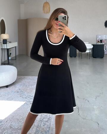 Kadın Uzun Kollu Yuvarlak Yaka Midi Viskon Iki Iplik Elbise - ANGELINO BuyukBedeniz (1)