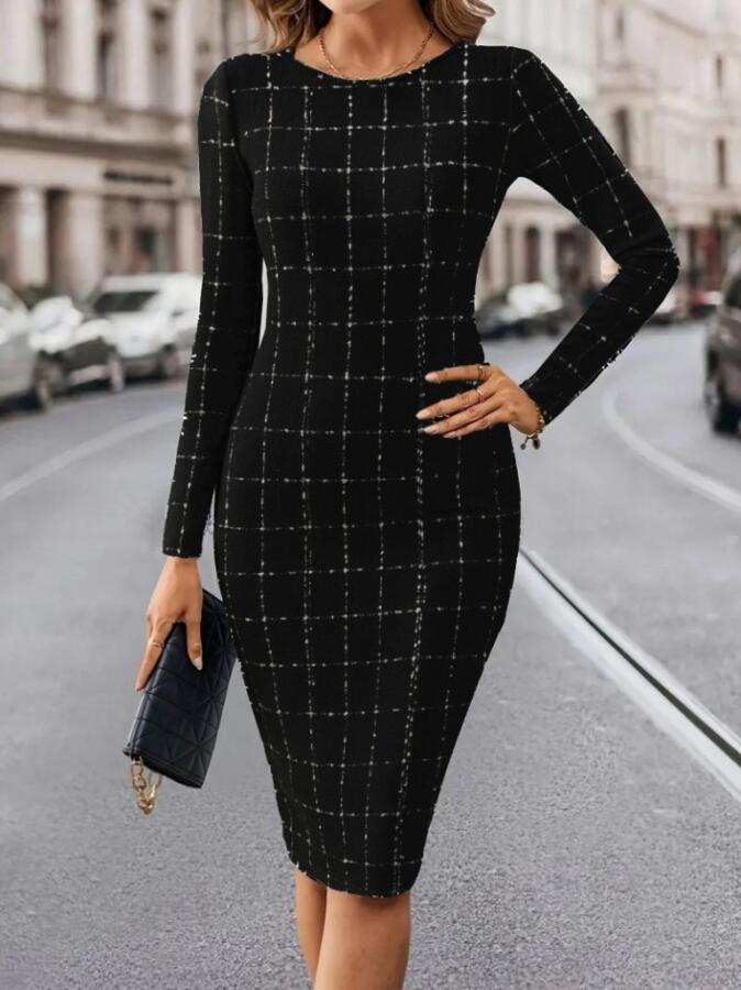 Kadın Uzun Kollu Yuvarlak Yaka Mini Dokuma Elbise - 1