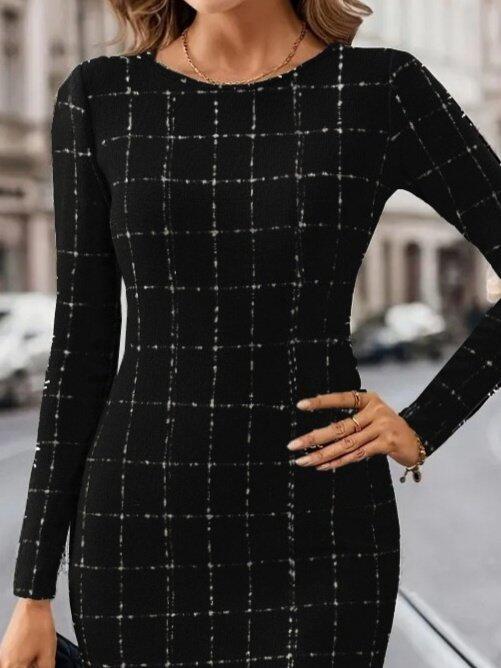 Kadın Uzun Kollu Yuvarlak Yaka Mini Dokuma Elbise - 2