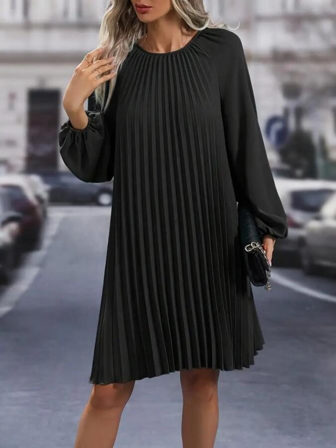 Kadın Uzun Kollu Yuvarlak Yaka Pileli Salaş Mini Ithal Krep Elbise - 1