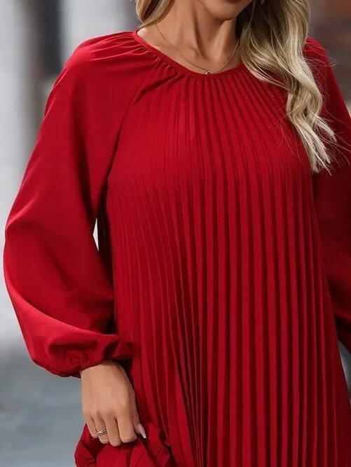 Kadın Uzun Kollu Yuvarlak Yaka Pileli Salaş Mini Ithal Krep Elbise - 2