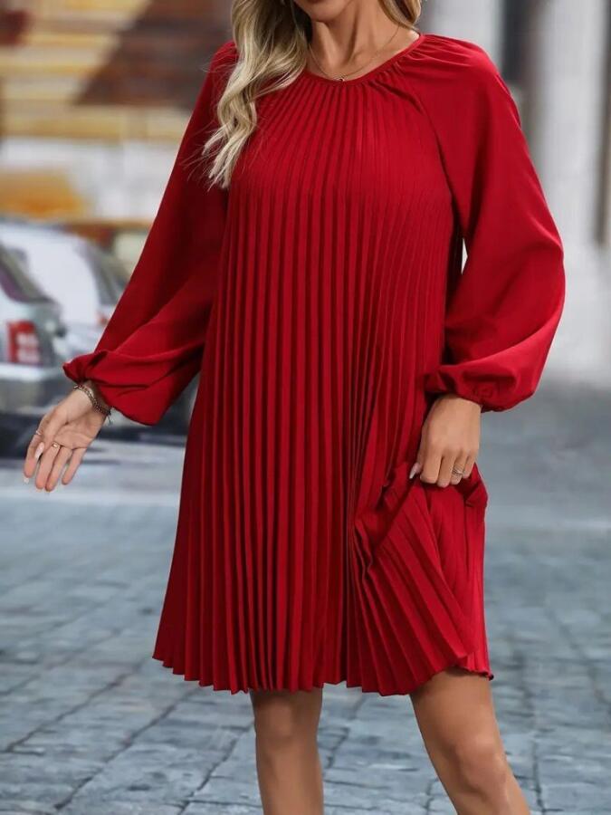Kadın Uzun Kollu Yuvarlak Yaka Pileli Salaş Mini Ithal Krep Elbise - 3