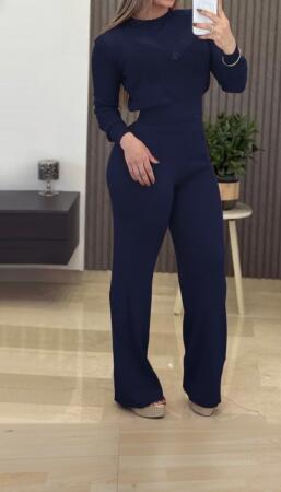 Kadın Uzun Kollu Yuvarlak Yaka Transparan Detaylı Triko Bluz Ve Pantolon Ikili Takım - ANGELINO BuyukBedeniz