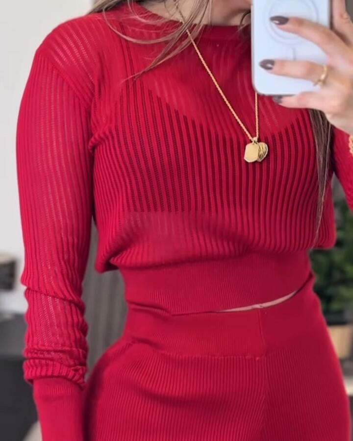 Kadın Uzun Kollu Yuvarlak Yaka Transparan Detaylı Triko Bluz Ve Pantolon Ikili Takım - 4