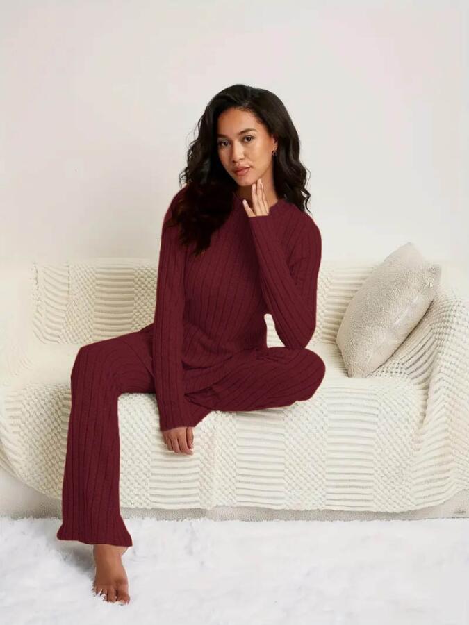 Kadın Uzun Kollu Yuvarlak Yaka Yandan Yırtmaç Detaylı şardonlu Kaşkorse Bluz Ve Pantolon Ikili Takım - 1