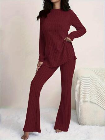 Kadın Uzun Kollu Yuvarlak Yaka Yandan Yırtmaç Detaylı şardonlu Kaşkorse Bluz Ve Pantolon Ikili Takım - ANGELINO BuyukBedeniz (1)