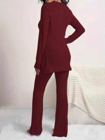 Kadın Uzun Kollu Yuvarlak Yaka Yandan Yırtmaç Detaylı şardonlu Kaşkorse Bluz Ve Pantolon Ikili Takım - 3