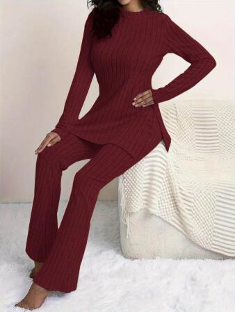 Kadın Uzun Kollu Yuvarlak Yaka Yandan Yırtmaç Detaylı şardonlu Kaşkorse Bluz Ve Pantolon Ikili Takım - 4