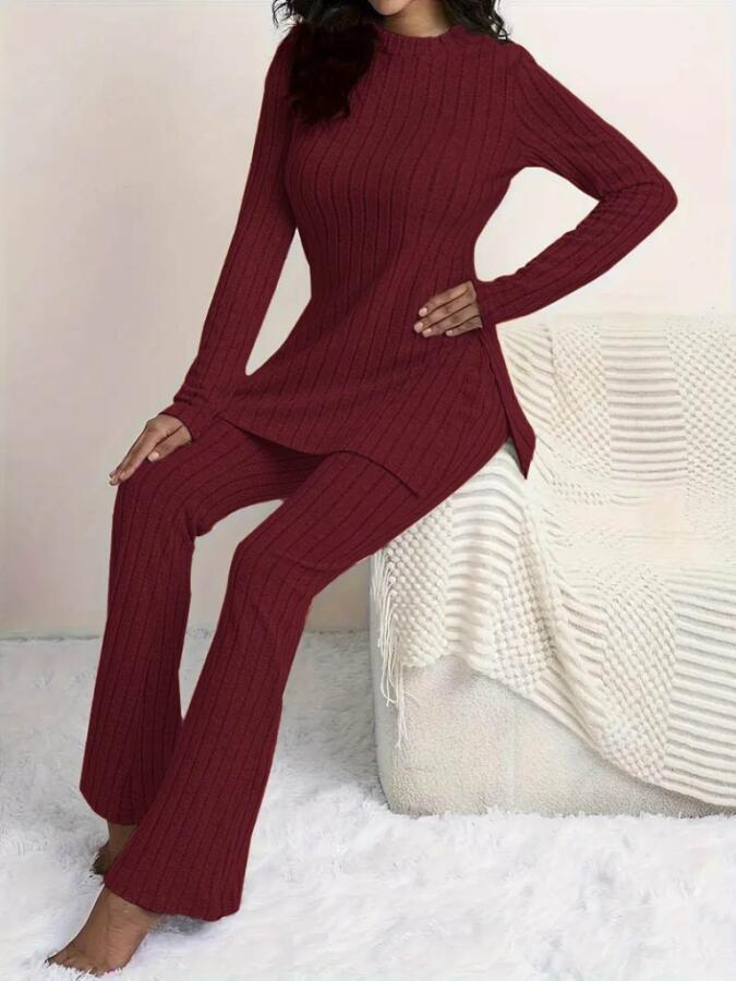 Kadın Uzun Kollu Yuvarlak Yaka Yandan Yırtmaç Detaylı şardonlu Kaşkorse Bluz Ve Pantolon Ikili Takım - 4