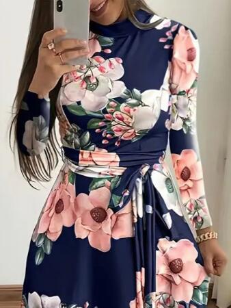 Kadın Uzun Kollu Yuvarlak Yakalı Beli Kuşaklı Desenli Süprem Uzun Elbise - ANGELINO BuyukBedeniz (1)