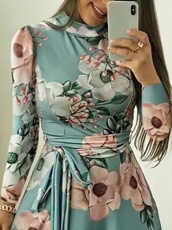 Kadın Uzun Kollu Yuvarlak Yakalı Beli Kuşaklı Desenli Süprem Uzun Elbise - ANGELINO BuyukBedeniz (1)