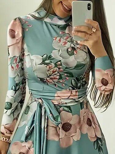 Kadın Uzun Kollu Yuvarlak Yakalı Beli Kuşaklı Desenli Süprem Uzun Elbise - 2