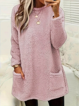 Kadın Uzun Kollu Yuvarlak Yakalı Cepli Peluş Bluz - 3