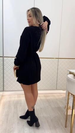 Kadın Uzun Kollu Yuvarlak Yakalı Kısa Triko Elbise - 4