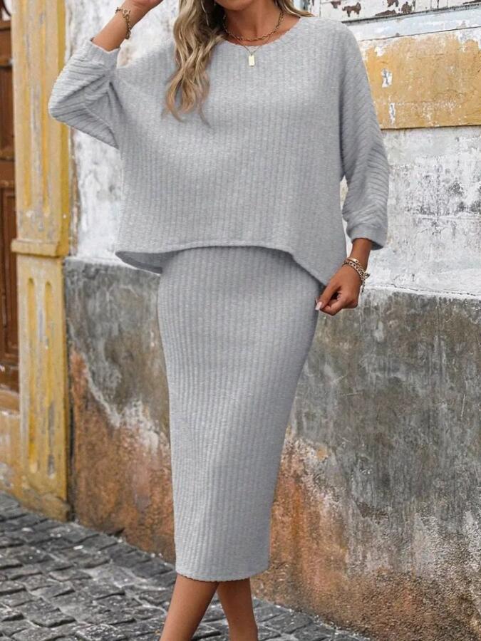 Kadın Uzun Kollu Yuvarlak Yakalı şardonlu Kaşkorse Bluz Ve Etek Ikili Takım - 5