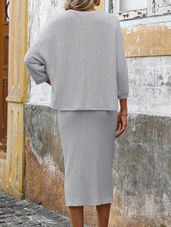 Kadın Uzun Kollu Yuvarlak Yakalı şardonlu Kaşkorse Bluz Ve Etek Ikili Takım - 6