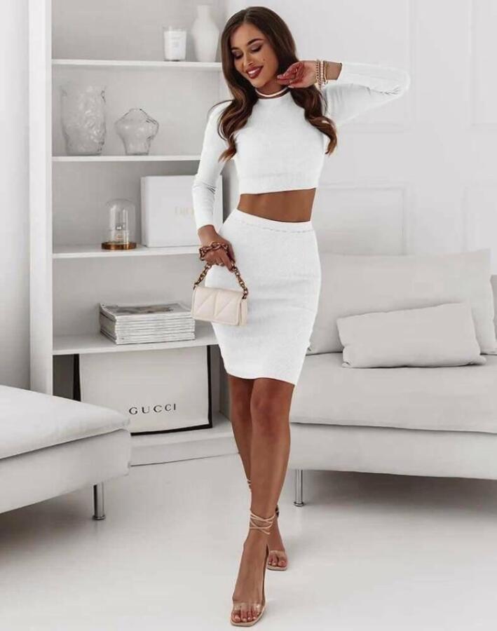 Kadın Uzun Kollubisiklet Yaka Kısa Crop Ve Yüksek Bel Mini Etek Kaşkorse Kumaş Ikili Takım - 1