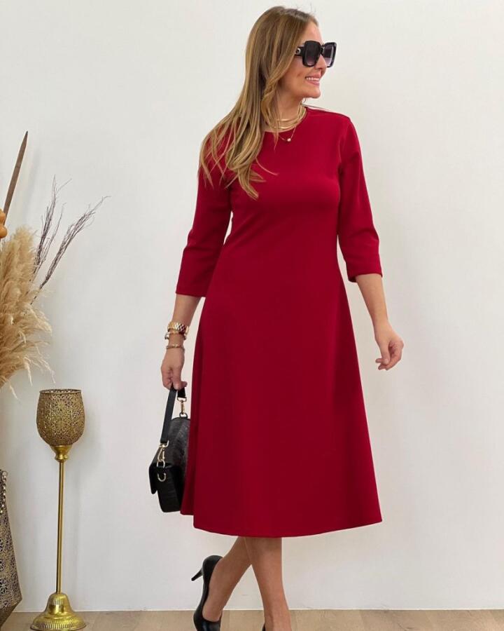 Kadın Uzun Truvakar Kol Bisiklet Yaka Midi Modal Elbise - 1