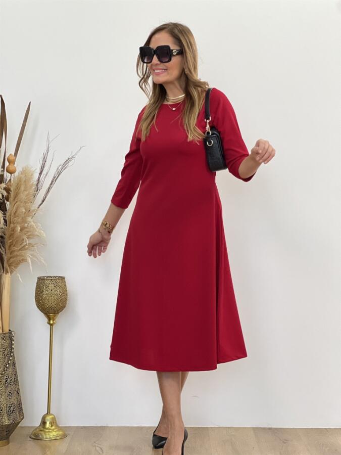 Kadın Uzun Truvakar Kol Bisiklet Yaka Midi Modal Elbise - 2