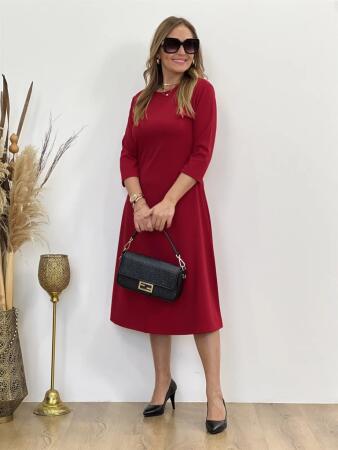 Kadın Uzun Truvakar Kol Bisiklet Yaka Midi Modal Elbise - 3