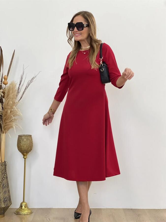 Kadın Uzun Truvakar Kol Bisiklet Yaka Midi Modal Elbise - 4